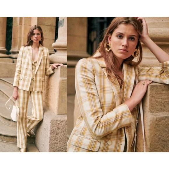 Sezane | Sézane | Veste Christie Jacket in Carreau Beige Ochre Bordeaux Sz 34/2 - Picture 1 of 12